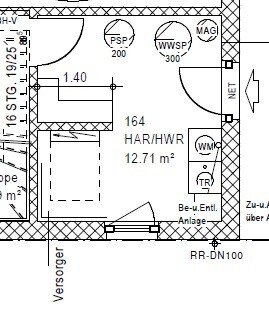 2D floor plan of a house with supply area utility room HAR/HWR and doors