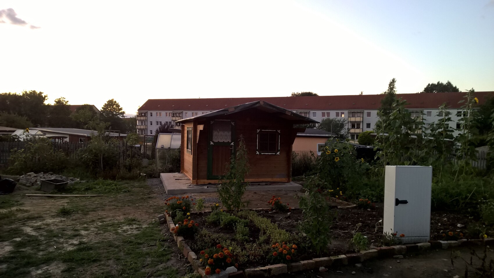 Small wooden shed in the garden with flower beds, apartment building in the background, evening light.