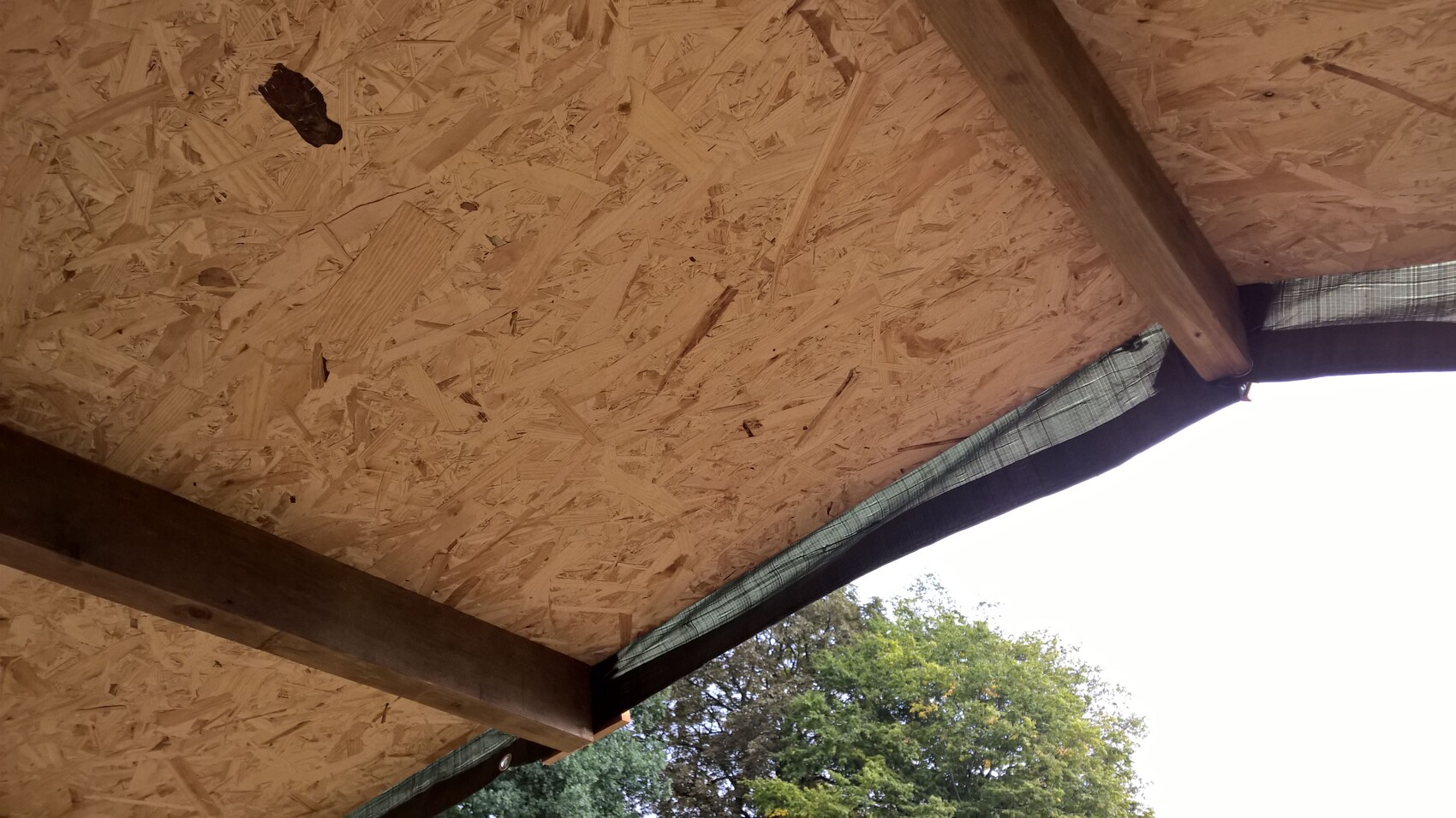 Underside of a roof with OSB boards and wooden beams