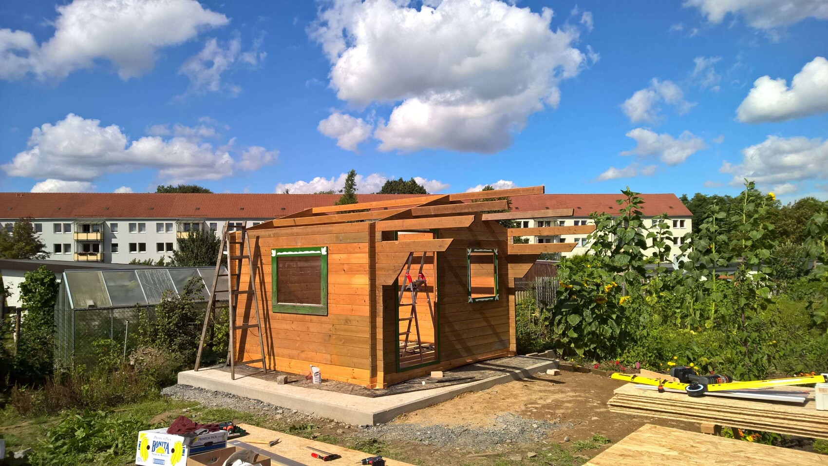 Small wooden house under construction with roof beams, ladder in front; greenhouse and residential buildings in the background.