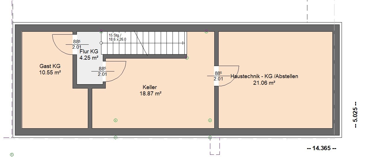 Grundriss Kellergeschoss: Gast KG, Flur KG, Keller, Haustechnik/Abstellen.