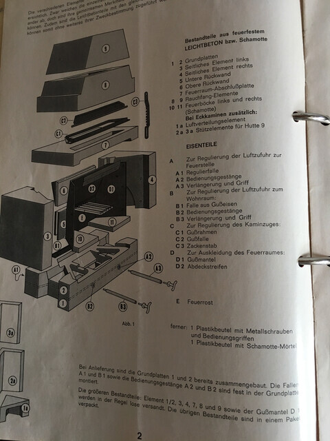 Exploded view drawing of a fireplace stove with parts and numbers