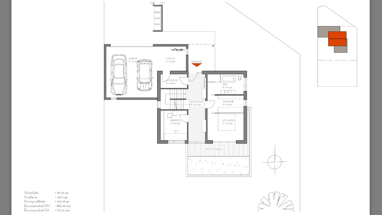 Floor plan: House with garage, hallway, office, bedroom, bathroom and terrace.