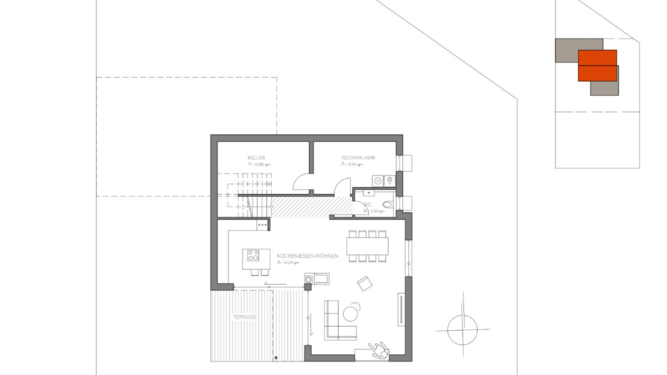 Floor plan: Open kitchen-dining-living area with terrace; basement rooms, technical room, WC.