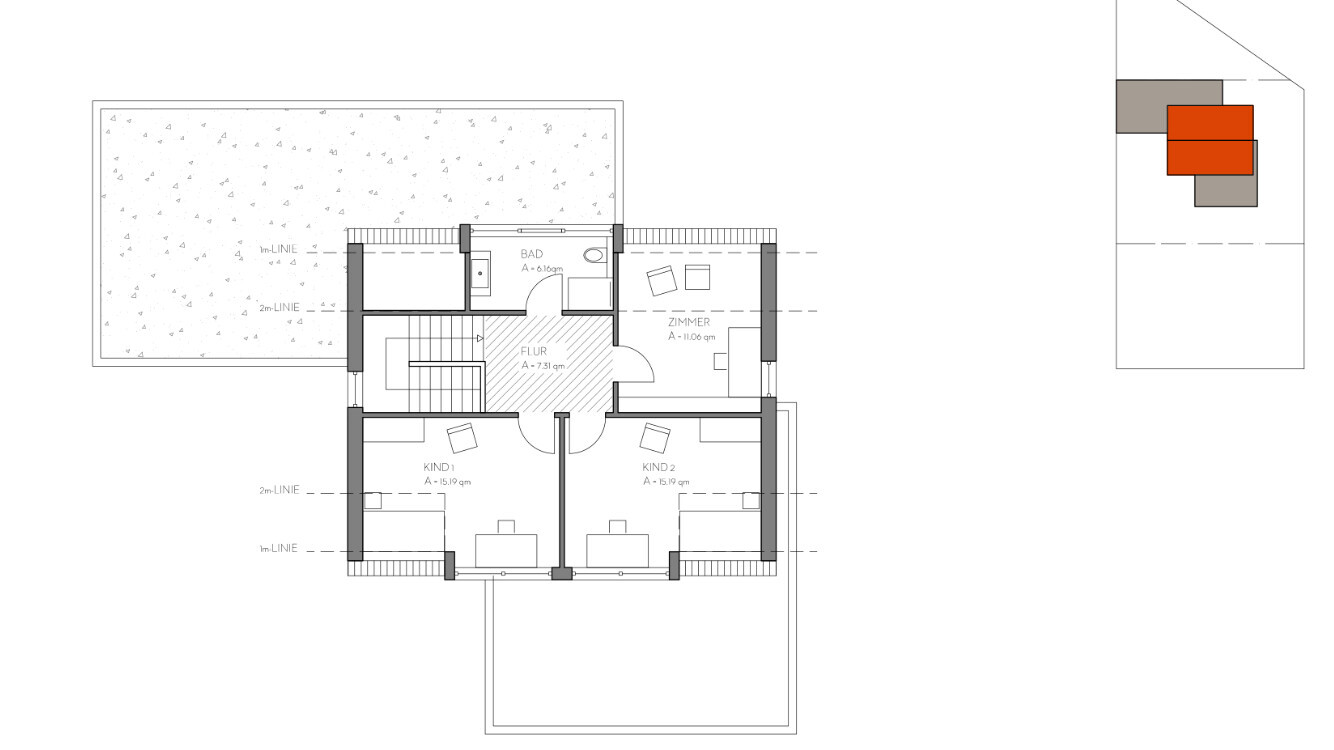 Upper floor plan with hallway, bathroom, two children’s rooms, stairs; outdoor area on the left.