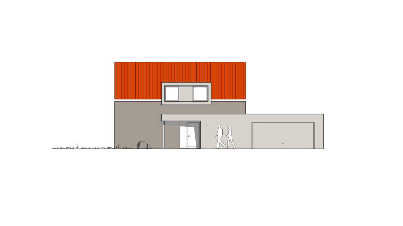 Two-story house with orange-red roof, gray facade, garage on the right and two people in front.
