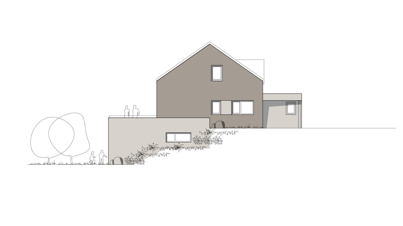 Architectural drawing of a house on a slope with terrace, windows, plants and people.