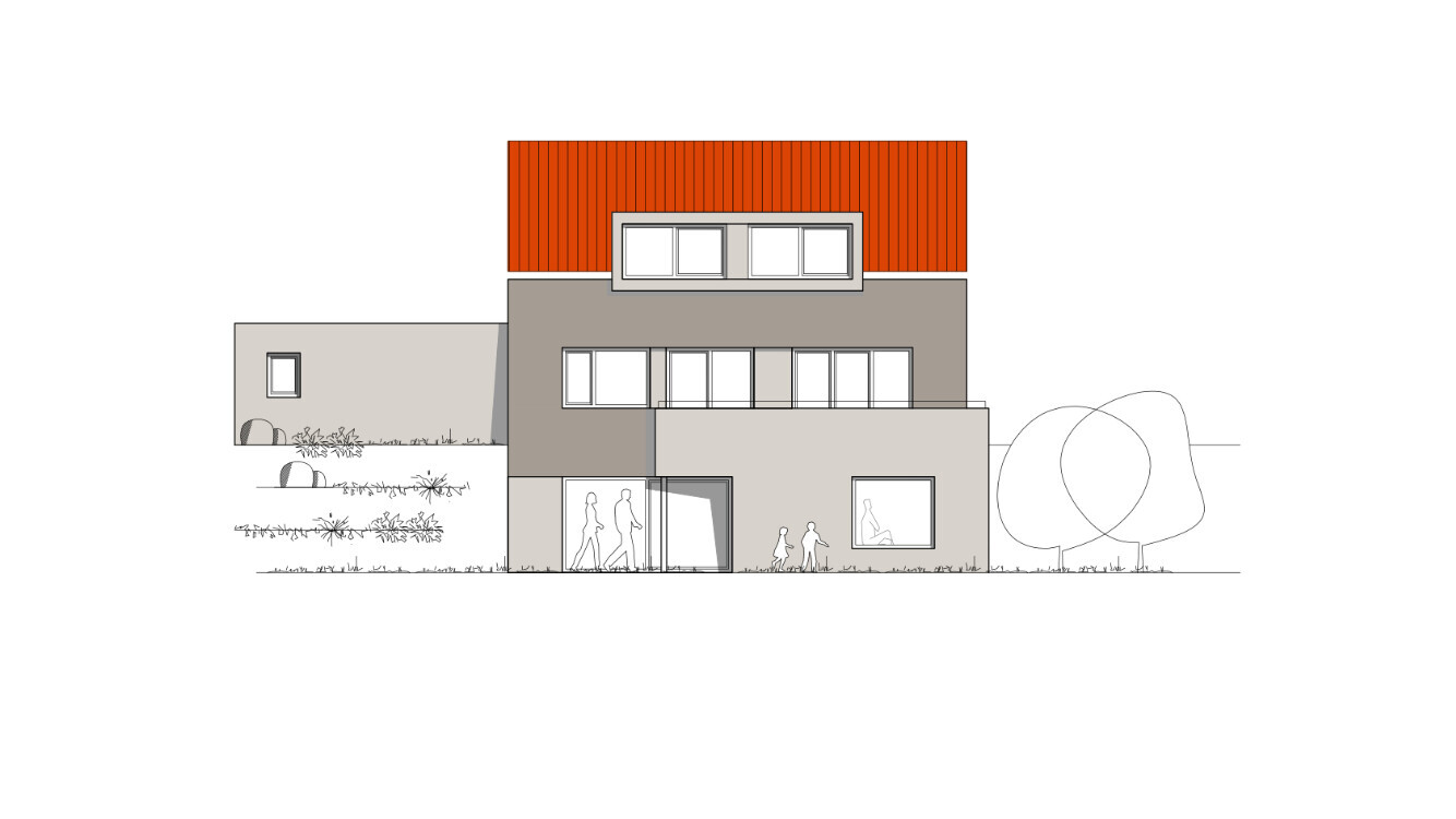 Modern multi-story residential complex with red roof, large windows and entrance area with garden.