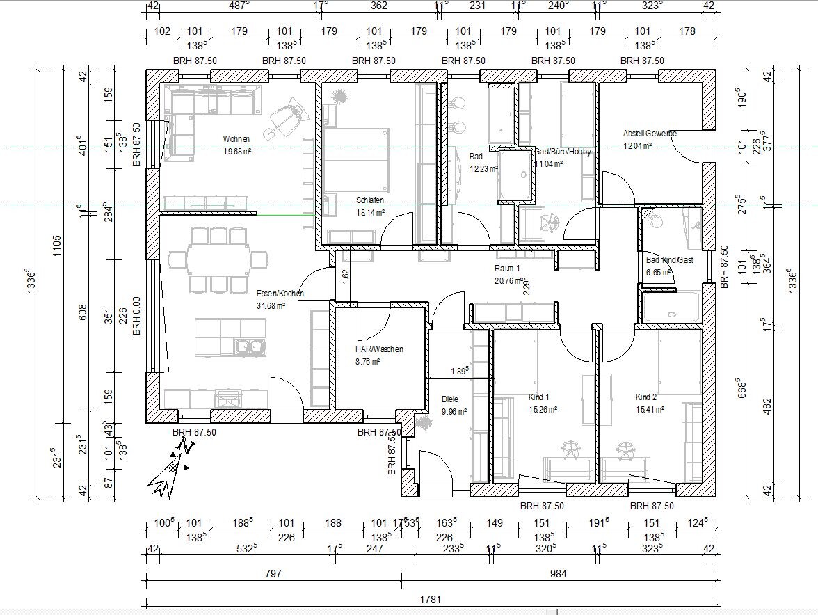 Grundriss eines Einfamilienhauses mit Wohnen, Essen/Kochen, Schlafen, Bad, Diele, Kinderzimmer.