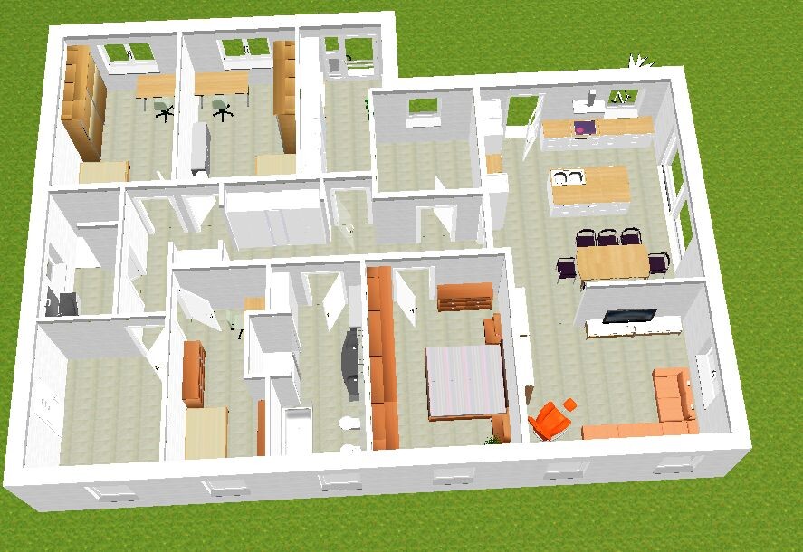3D-Wohngrundriss eines Hauses mit Wohnzimmer, Küche, Arbeitszimmer, Schlafzimmern und Fluren.