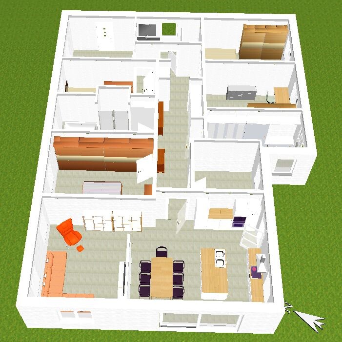 3D-Grundriss eines Hauses: Wohnzimmer, Esszimmer, Küche, Flur und Schlafzimmer