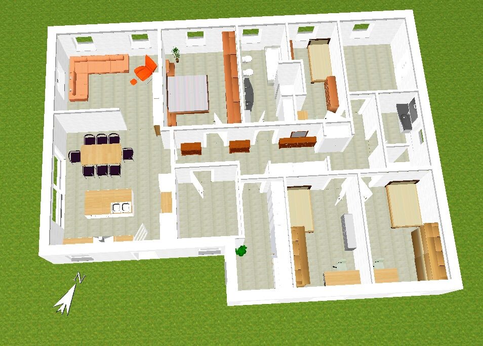3D-Grundriss eines Hauses mit Wohnzimmer, Essbereich, Küche und Schlafzimmer.