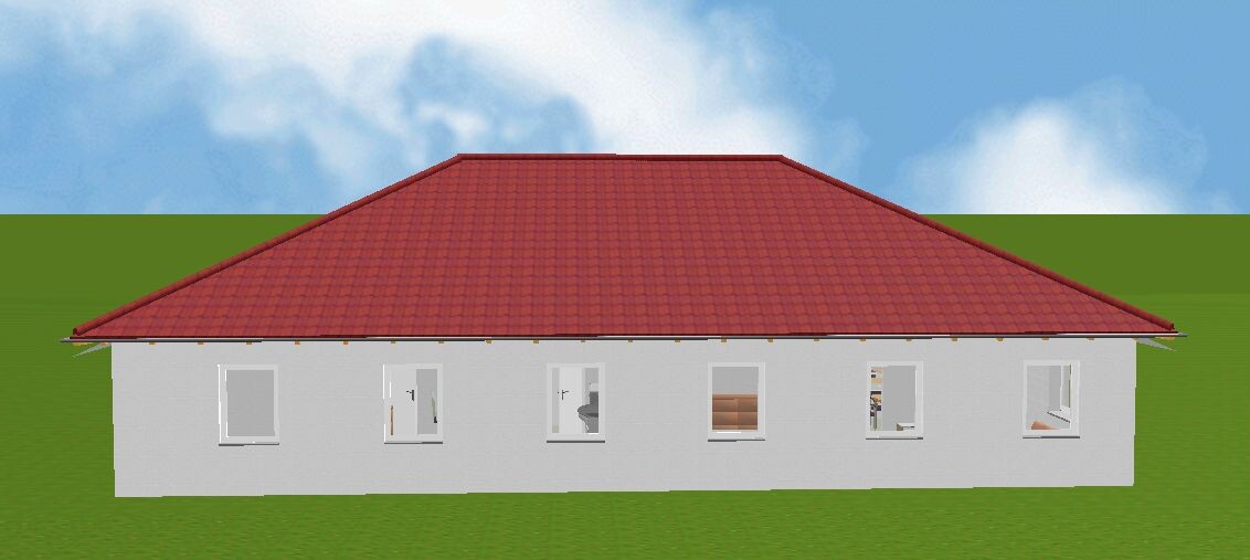 Einfamilienhaus mit rotem Ziegeldach, weiße Fassade und vielen Fenstern auf grünem Rasen.