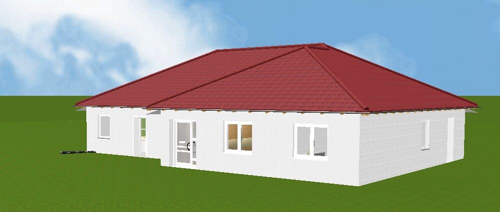 Weißes Einfamilienhaus als 3D-Modell mit rotem Satteldach auf grünem Rasen