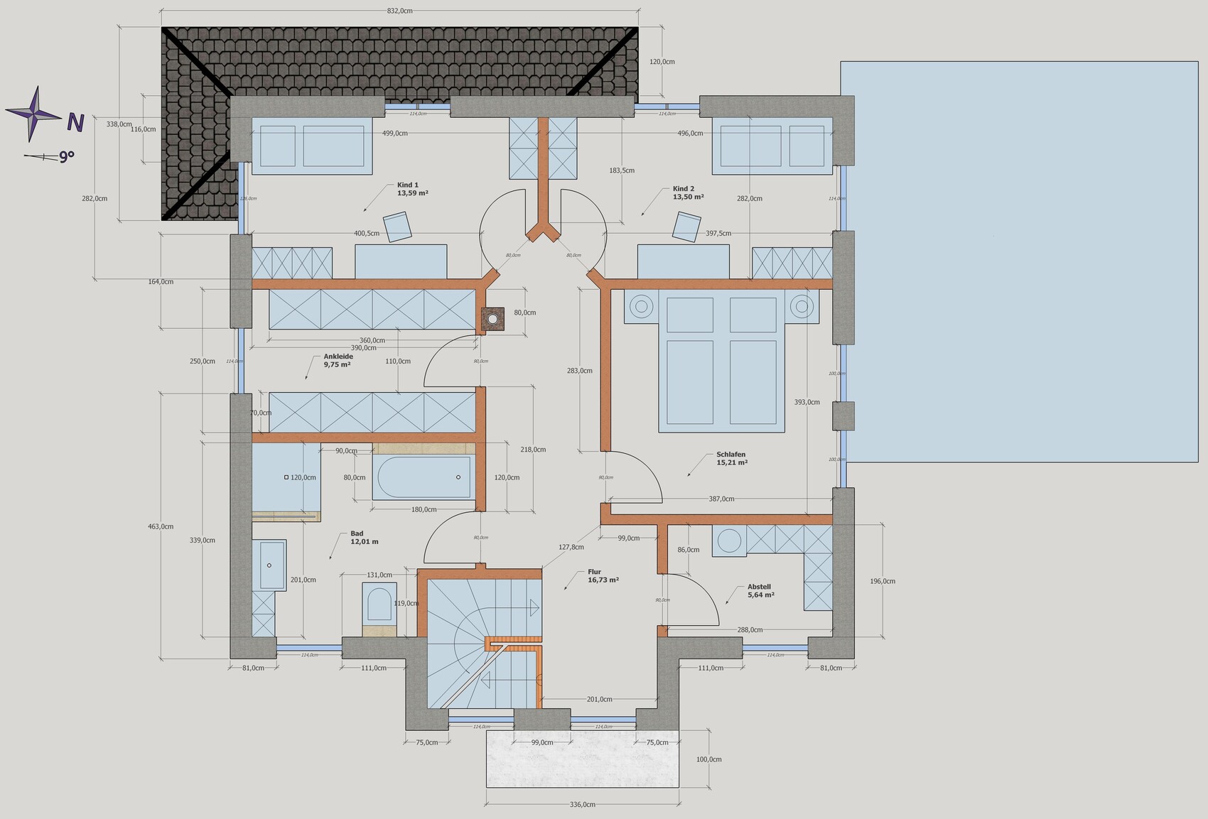 Grundriss eines Obergeschosses: Schlafzimmer, zwei Kinderzimmer, Ankleide, Bad, Flur, Abstellraum.
