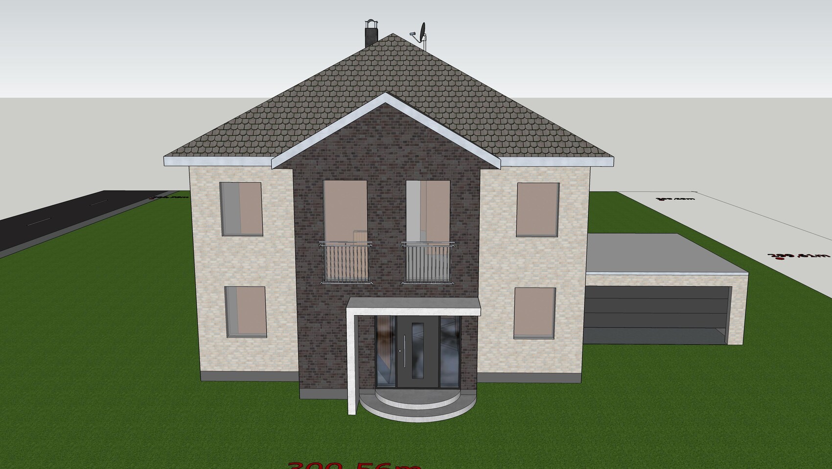 Modernes zweistöckiges Haus mit zentraler brauner Ziegelwand, seitlichen Flügeln, Garage rechts.