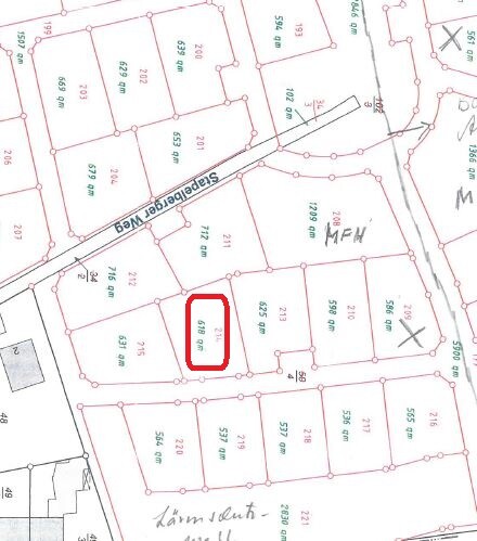 Subdivision site plan with plots, red rectangle marks a plot