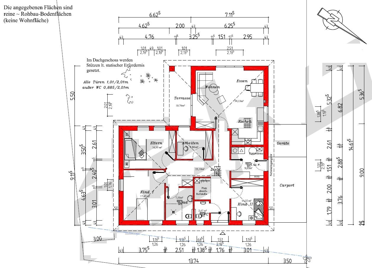 House floor plan with red exterior walls, rooms (parents, children), kitchen, living, terrace
