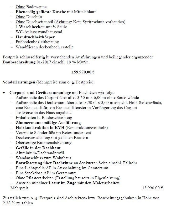 Document with building description, prices and special services for carport and storage room