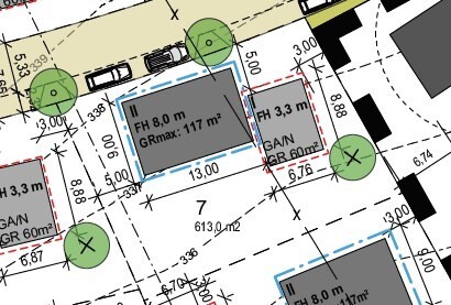 Site plan of a building plot with building areas, dimensions, trees, and access roads