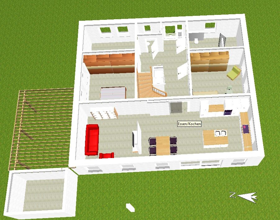 Top view of a house: open living/dining area, kitchen, stairs, bedroom, terrace