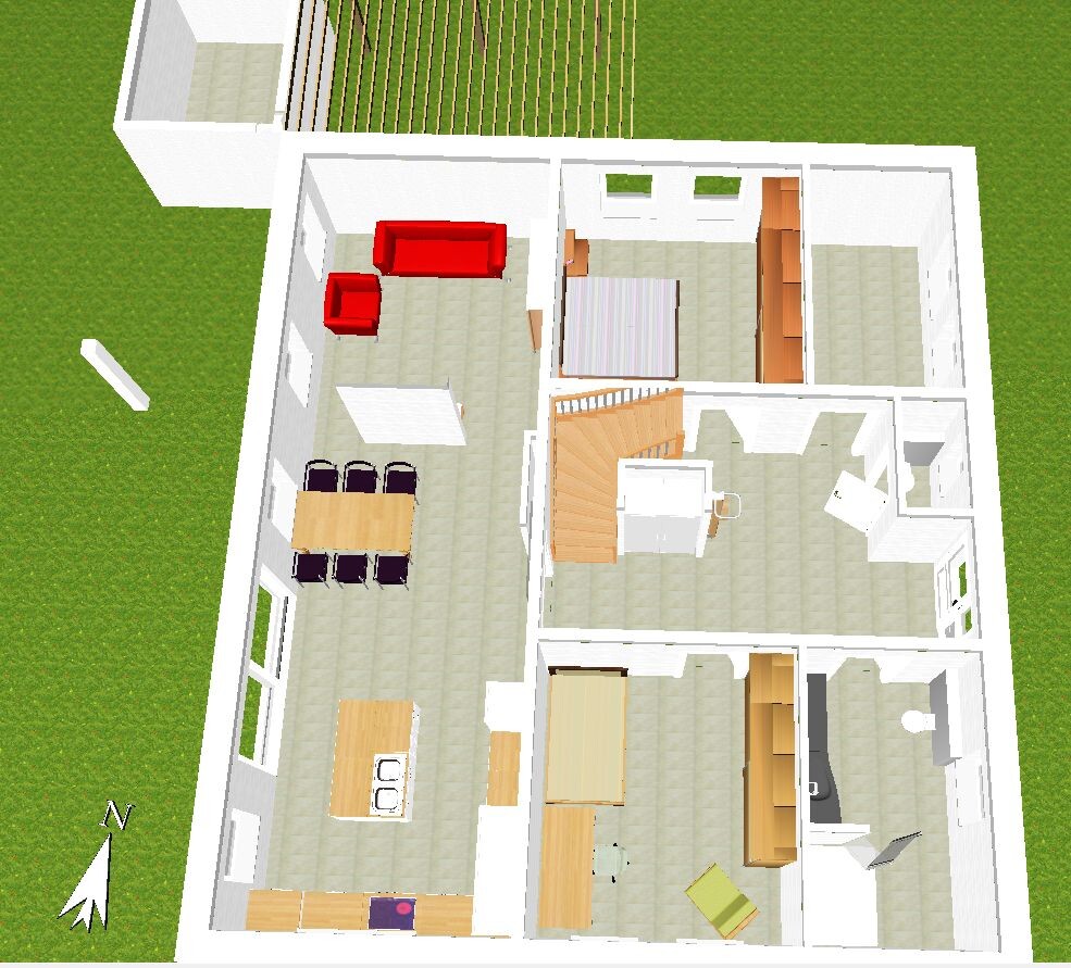 Bird’s eye view of an apartment floor plan: living room on the left, kitchen below, bedroom above, stairs