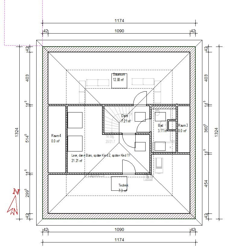 House plan: central hallway, stairs, bathroom, room 3, room 4, technical room, dimension lines, north arrow