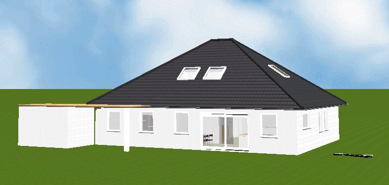 White single-family house with dark gable roof, roof windows, and glass sliding door on green lawn.