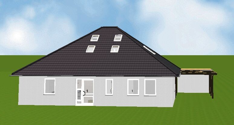 Large house with dark gable roof, roof windows, gray facade, and carport on green lawn.