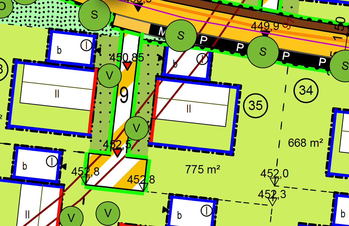 Site plan with buildings, paths, green areas, and dimensions