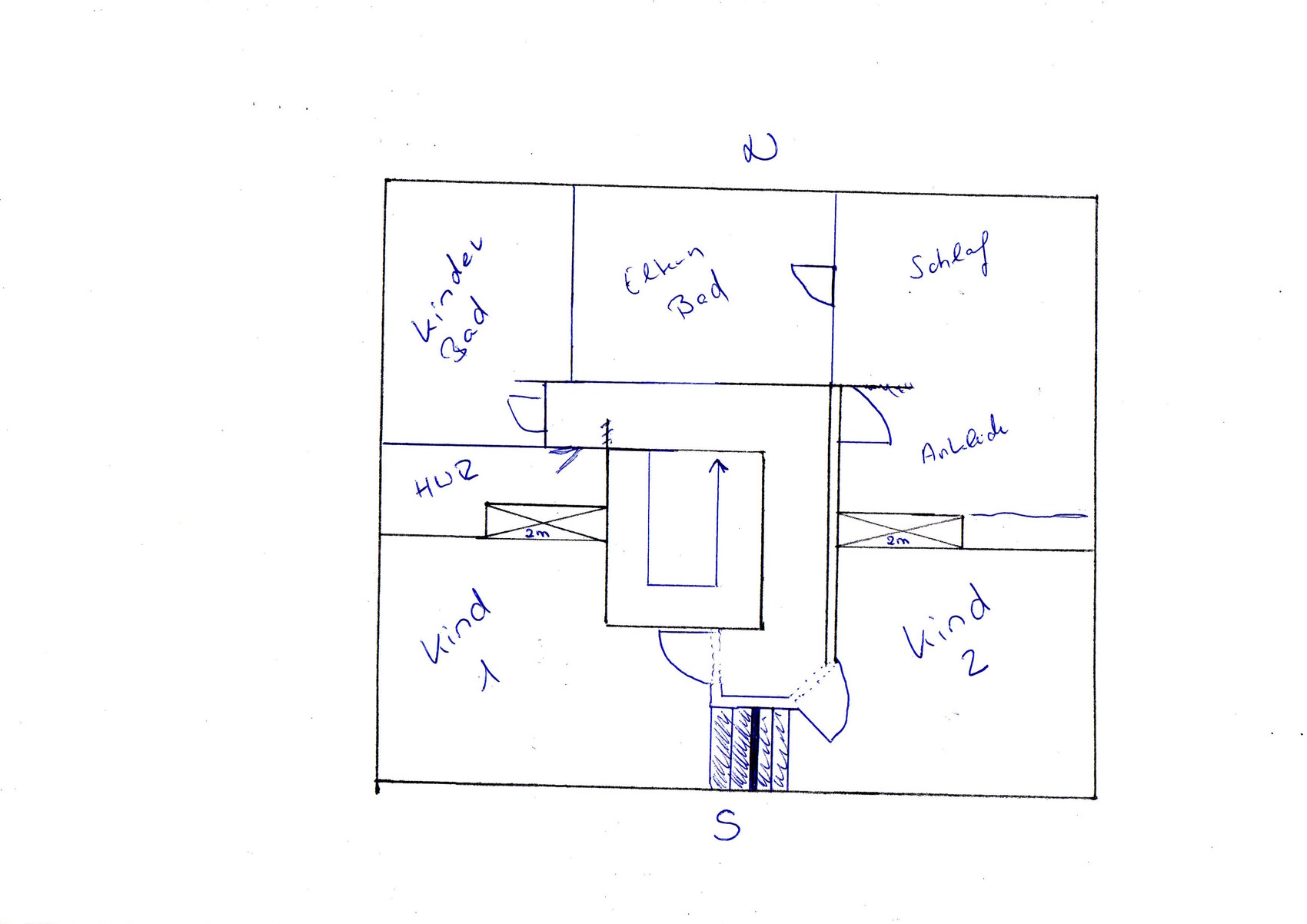 Hand-drawn floor plan of an apartment: bedroom on the right, two living rooms, hallway in the middle, stairs.