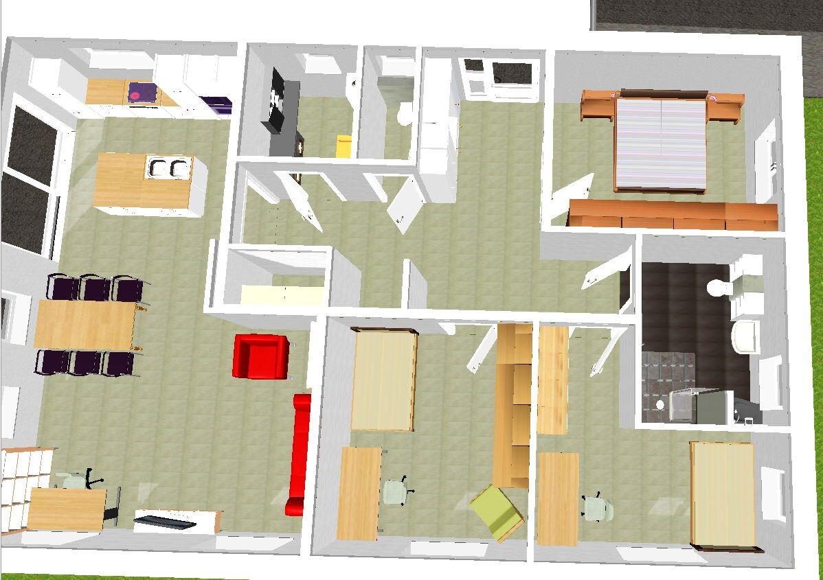 Floor plan of a house from above with kitchen, dining area, living room, bedroom, and bathroom.