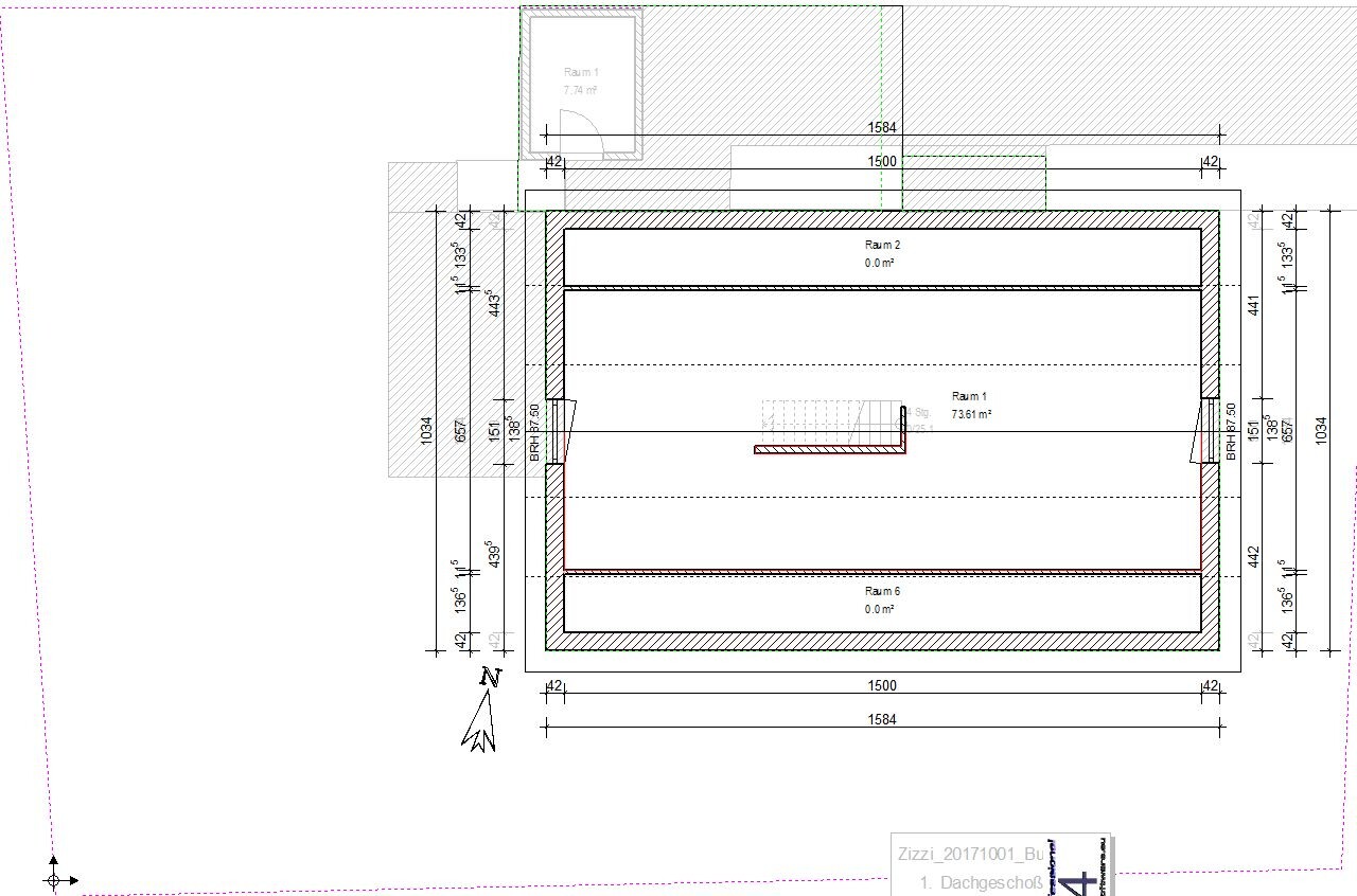 Floor plan of a building from above with room 1 (large), room 2 above, north arrow, and measurements.