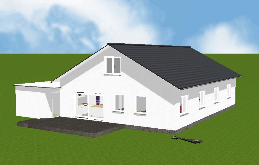 White single-family house with gray gable roof on green meadow; front terrace.