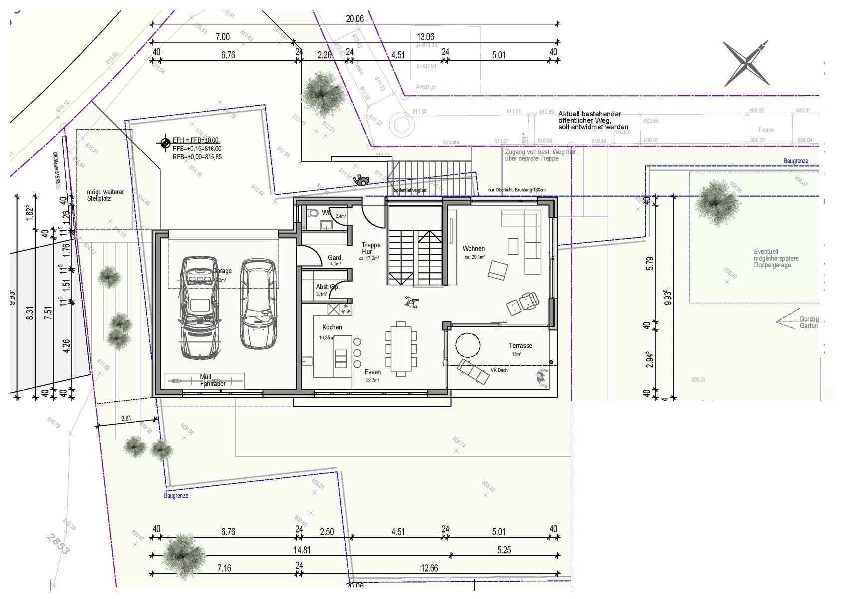 Grundrissplan eines Wohnhauses mit Garage, Küche, Essbereich und Terrasse