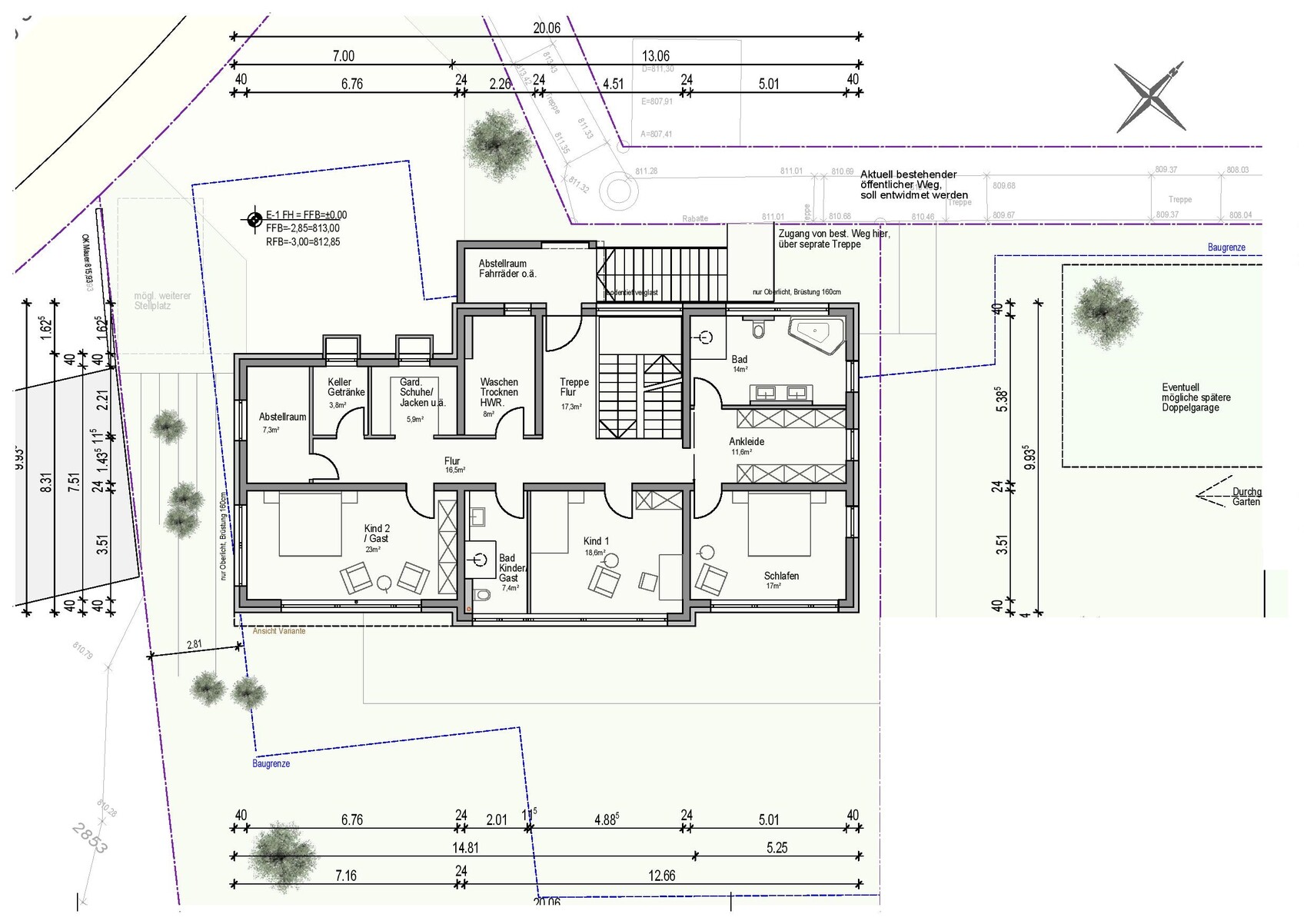 Grundriss eines Einfamilienhauses mit Zimmern, Flur, Treppenhaus und Garten.