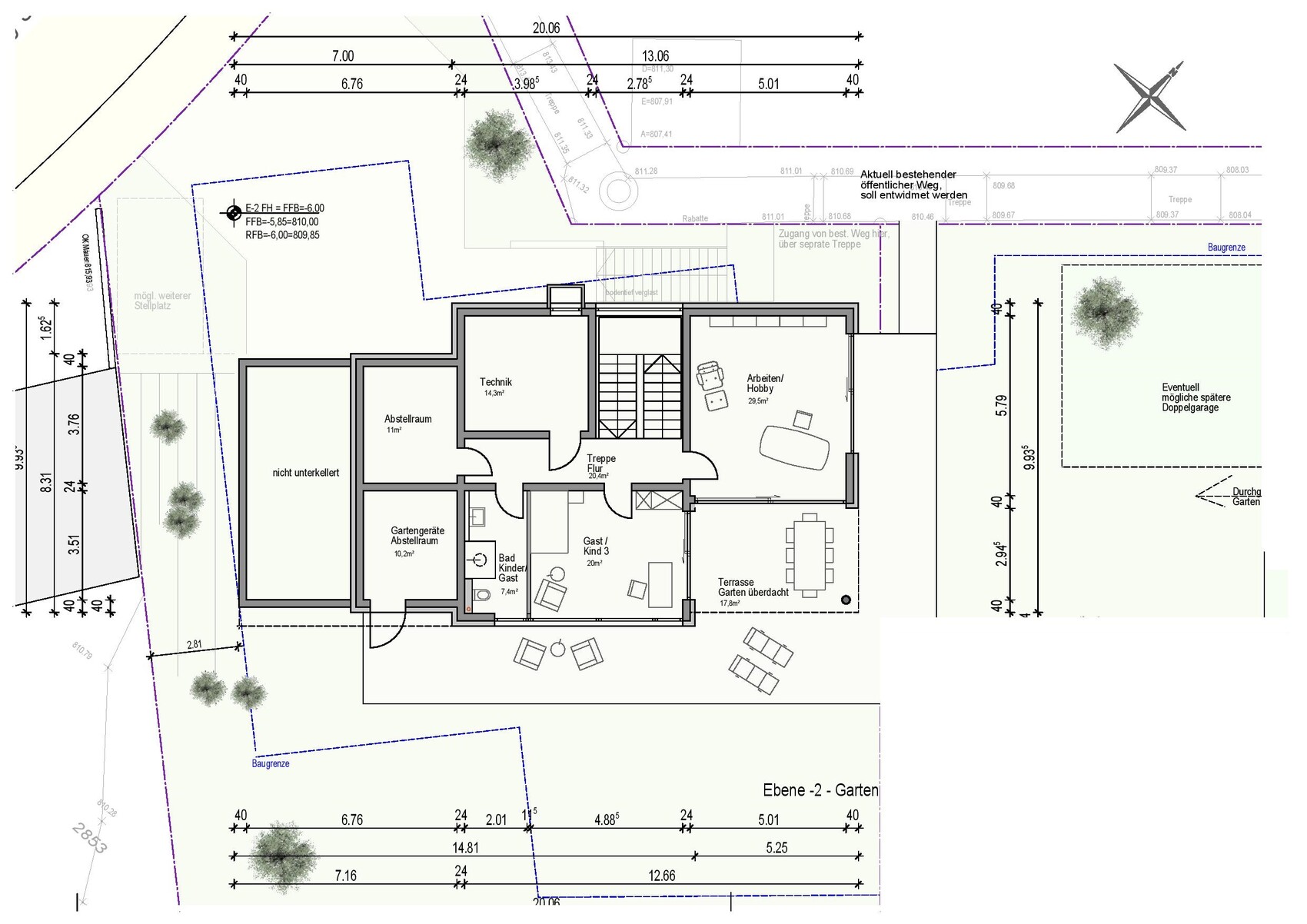 2D Grundrissplan eines Einfamilienhauses mit Terrasse, Garten, Wohnzimmer, Küche und Technikraum