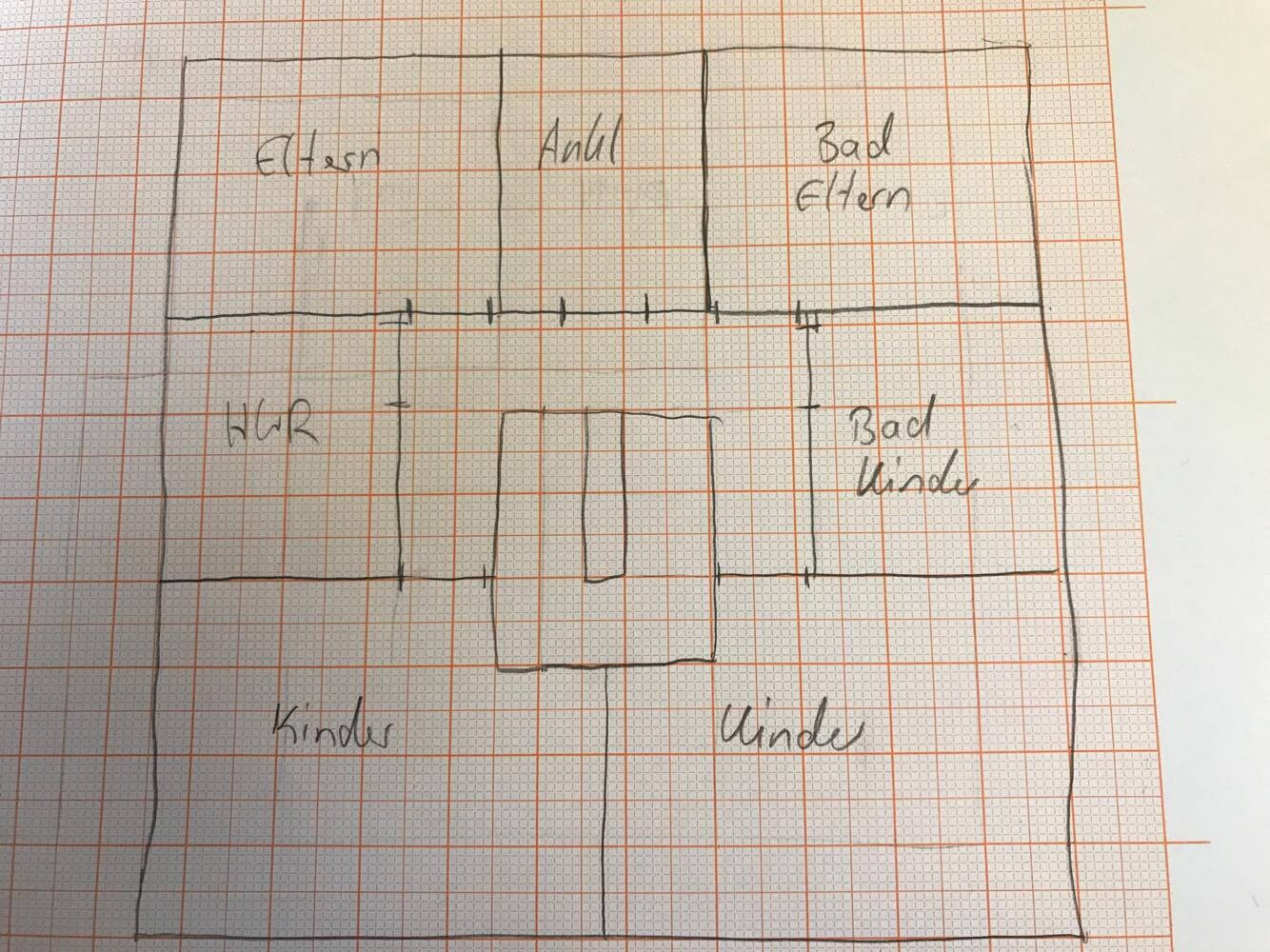 Hand-drawn floor plan sketch of a house with master and children’s bedrooms