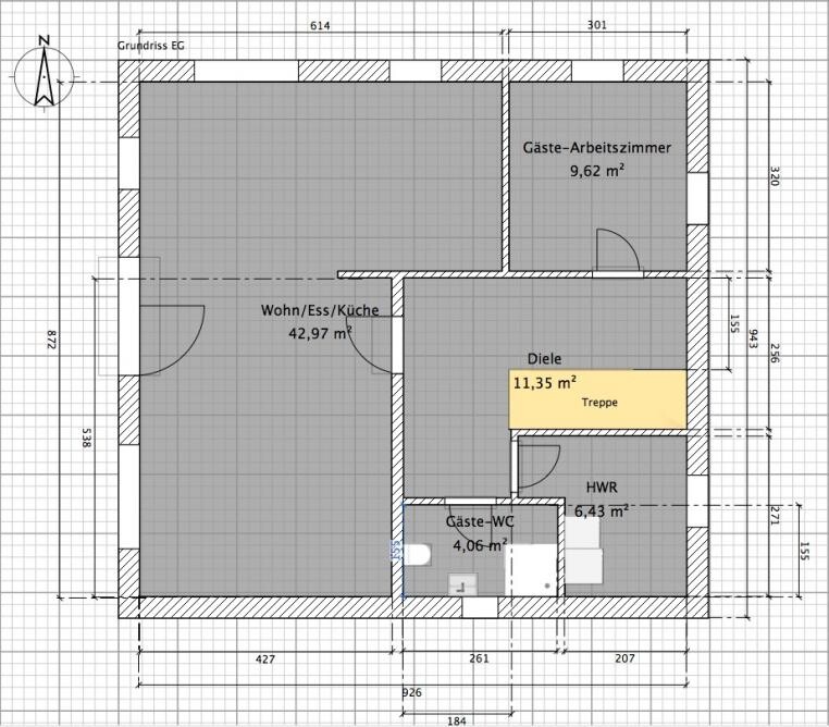 Ground floor plan: living/dining/kitchen, guest/office room, entrance hall with stairs, utility room, guest bathroom.