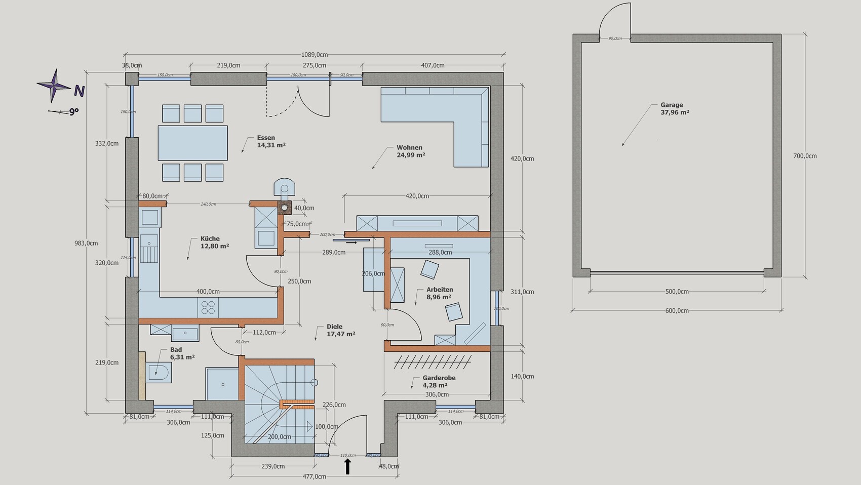 Floor plan of a house: kitchen, dining, living, hallway, bathroom, study, cloakroom, and garage.