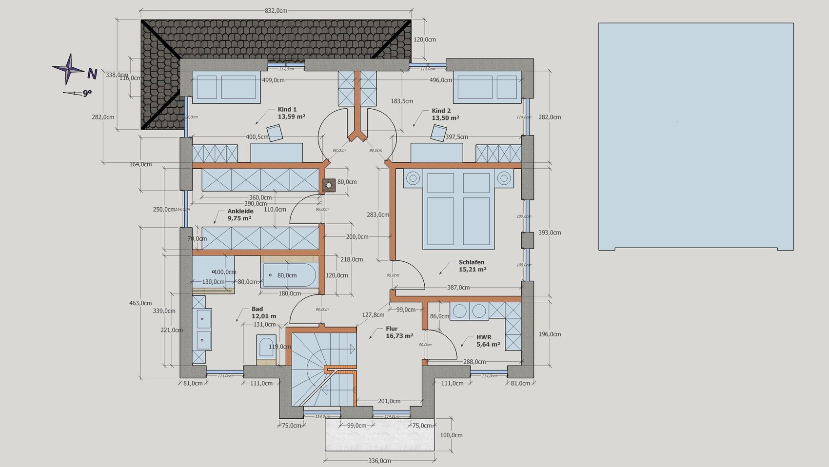 Floor plan of a residential house with bedroom, children's rooms 1 & 2, walk-in closet, bathroom, corridor, and utility room.