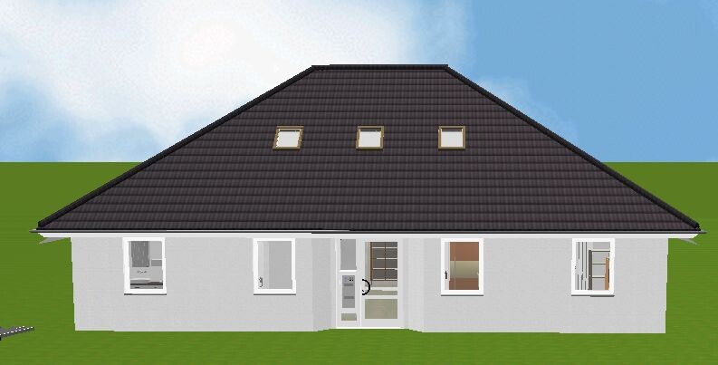 White single-family home with dark pitched roof, three roof windows, and front door.