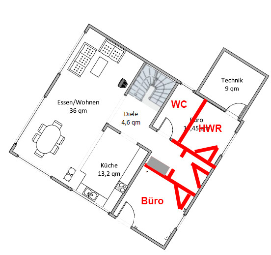 Floor plan of a house with living room, kitchen, hallway, office, and utility area