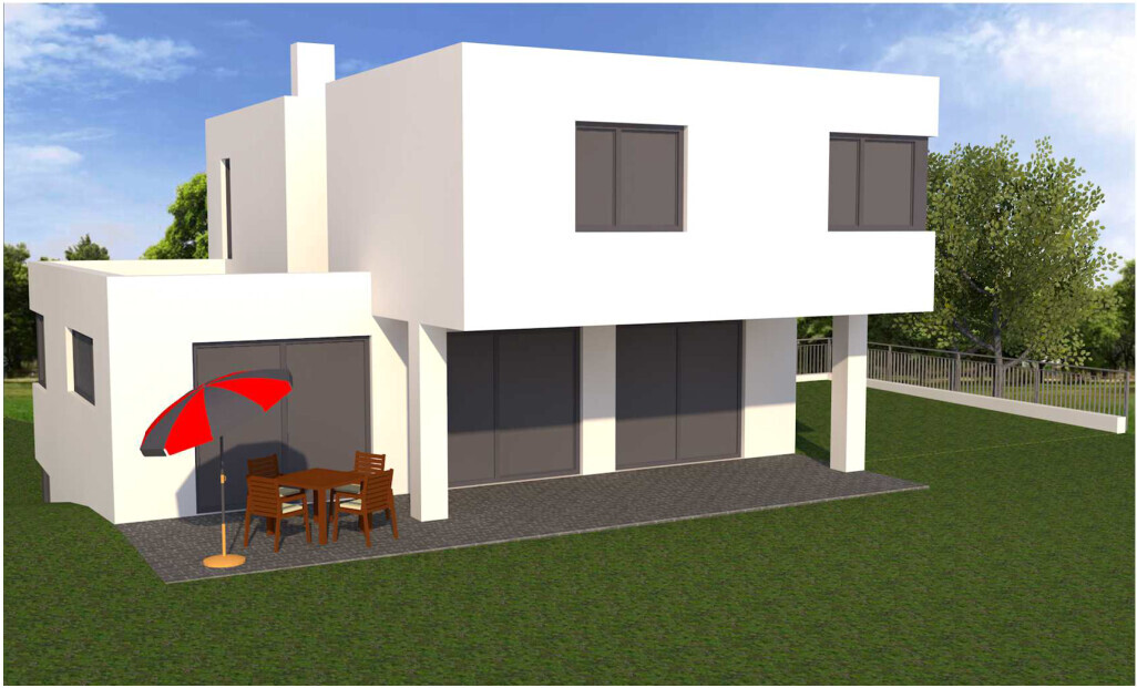 Modern white villa with large terrace, table and chairs under red parasol.