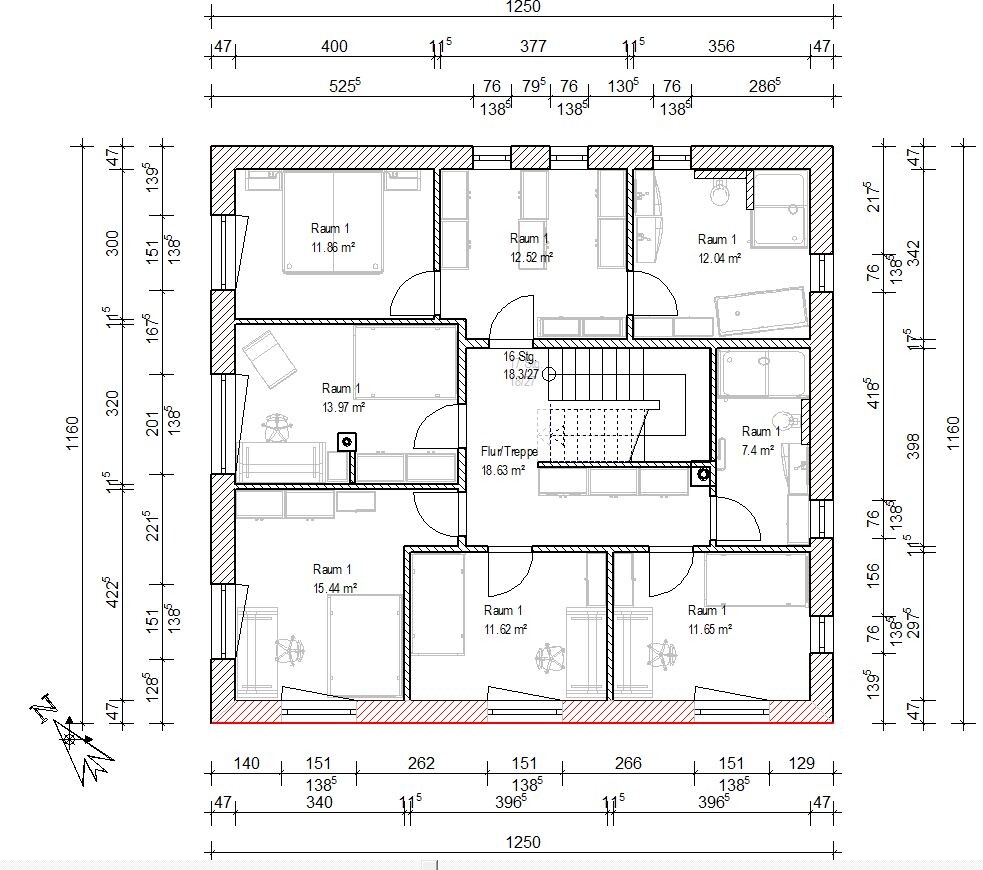 Floor plan of a building with several rooms, hallway, stairs, and doors (with measurements).