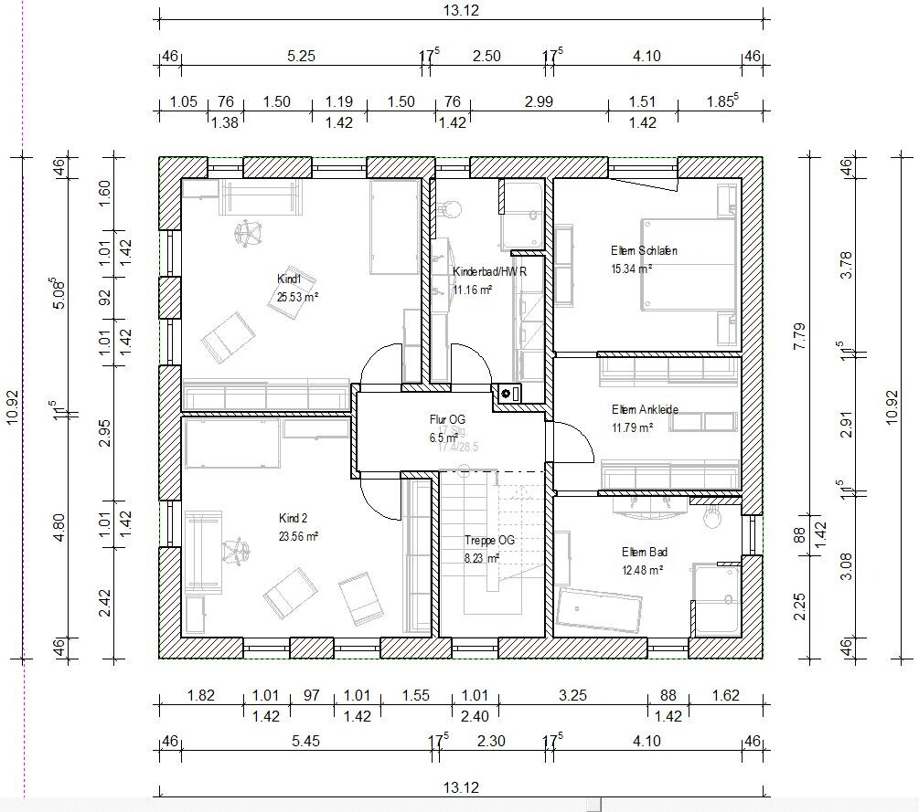 Floor plan upper floor: hallway, stairs, child 1, child 2, parents’ bedroom, parents’ dressing room, bathroom