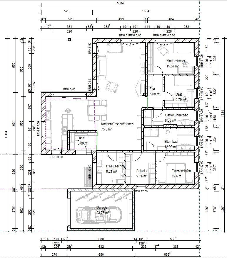 Floor plan of a house with kitchen/living area, hallway, bedroom, children’s room, guest room, bathroom, garage.