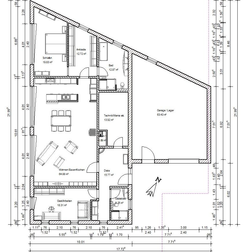 Floor plan of a house: living/dining/kitchen, bedroom, dressing room, bathroom, guest room, utility room, garage