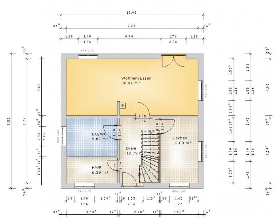 2D floor plan of a house with living room, kitchen, entrance hall, bathroom, utility room, and stairs