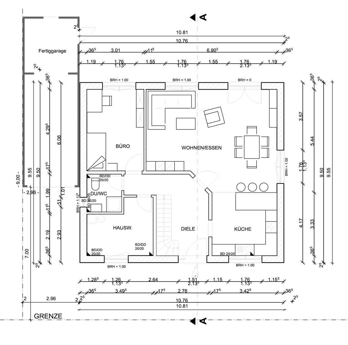 Floor plan of a residential house with office, living/dining, kitchen and hall
